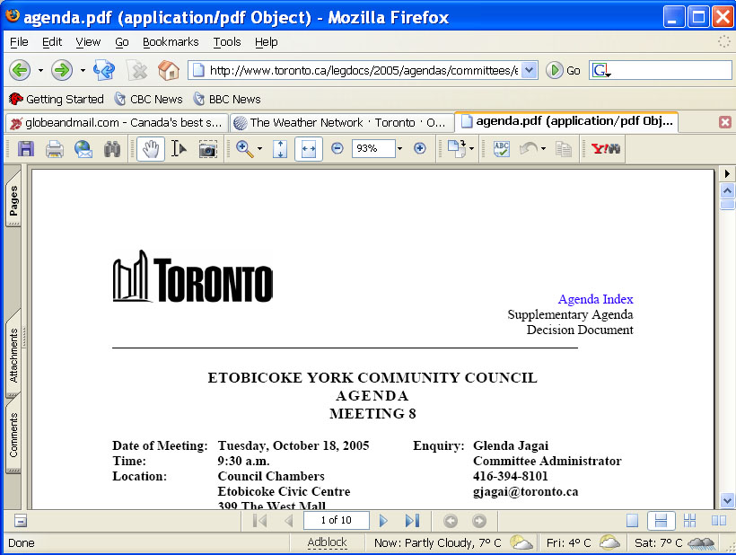 Toronto Community Council Agenda screen shot Toronto Community Council Agenda screen shot
