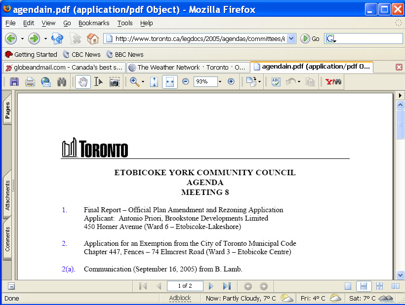 Toronto Community Council Agenda Index screen shot Toronto Community Council Agenda Index screen shot